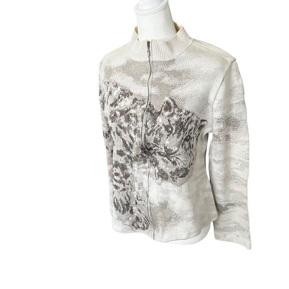 St. John Cheetah Print Wool Blend Zip Up Sweater Jacket Cardigan M Gray Cream - Picture 4 of 13